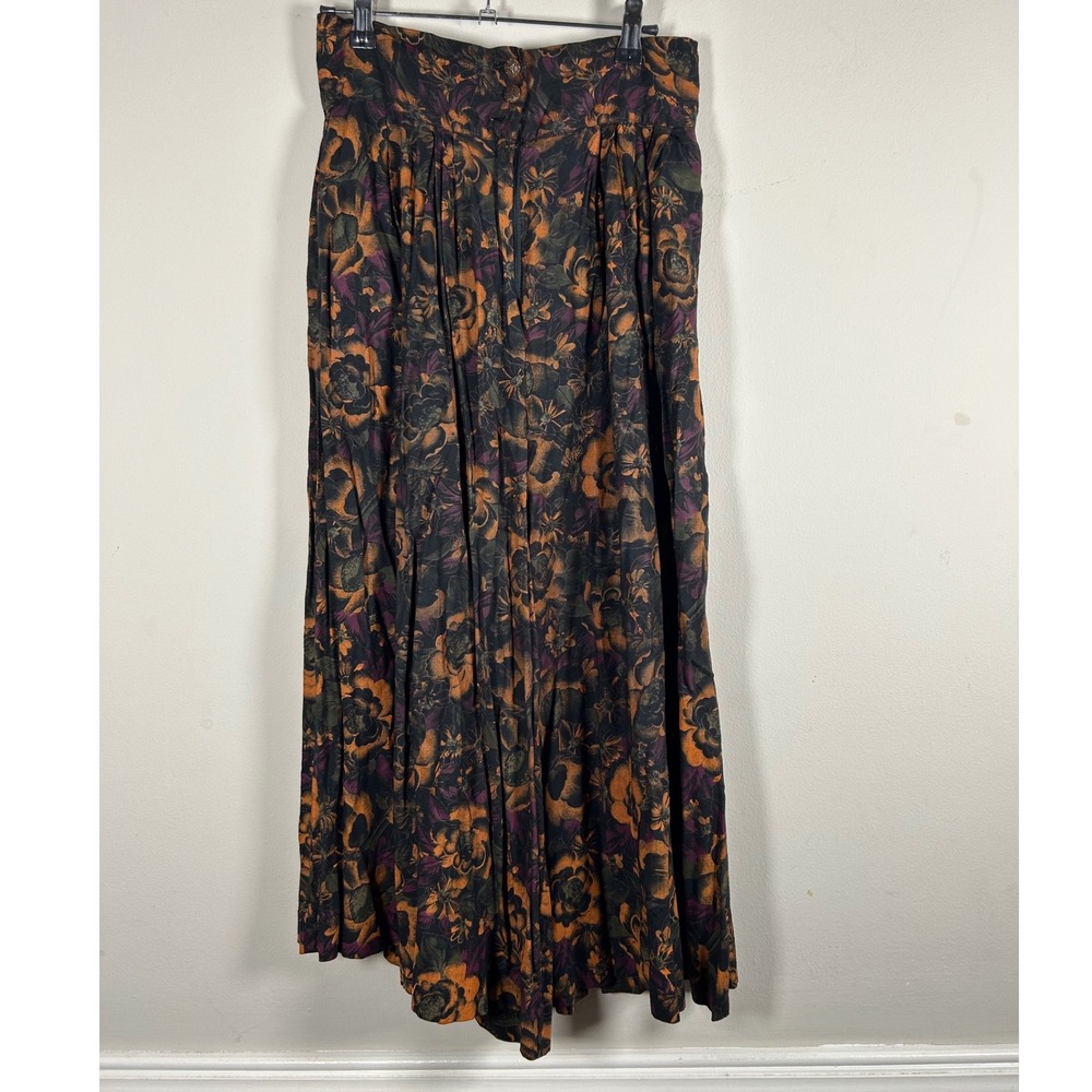 VTG Marnie West Maxi Skirt Women L Black Orange Floral 90s Pleated Pockets